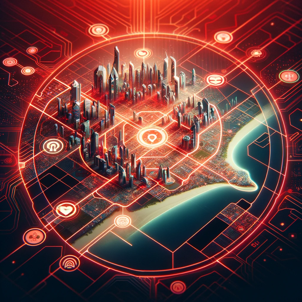 DALL·E 2024-01-22 15.48.57 – A bird’s eye view of the Dubai map, divided into zones representing technology hubs, set against a red glowing futuristic background, without any text