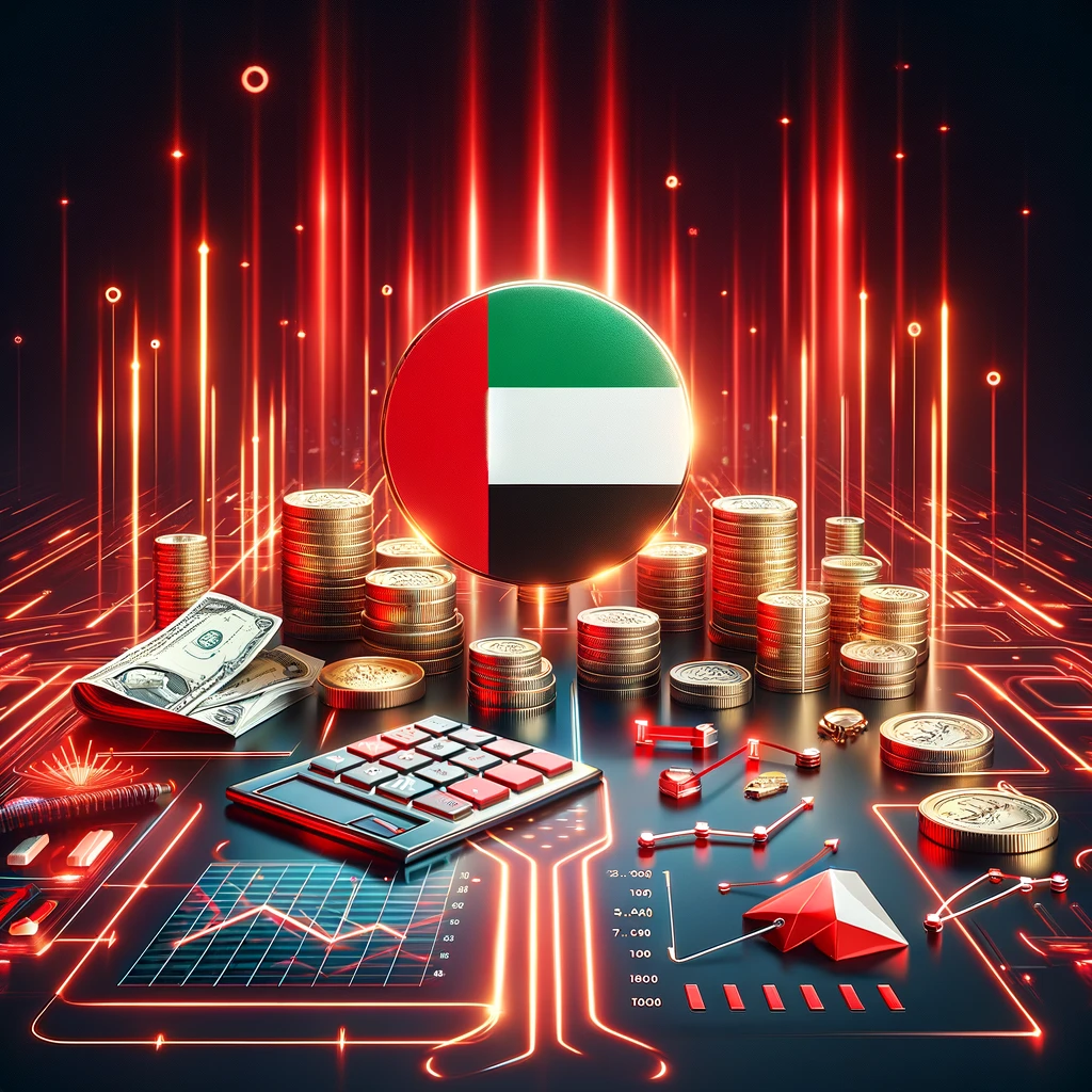 DALL·E 2024-05-21 21.34.28 – A depiction of the UAE tax regime, set against a red glowing futuristic background
